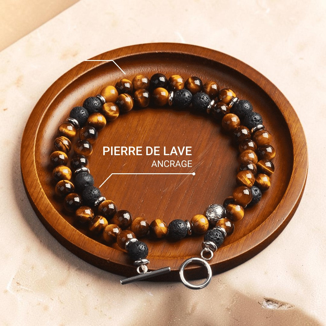 Collier Énergie Terre & Feu en Pierre de Lave & Oeil de Tigre