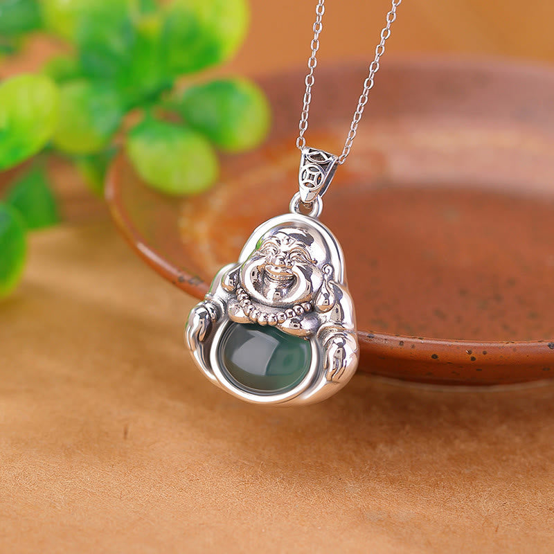 Collier Bouddha en Jade Cyan Naturel et Argent 999