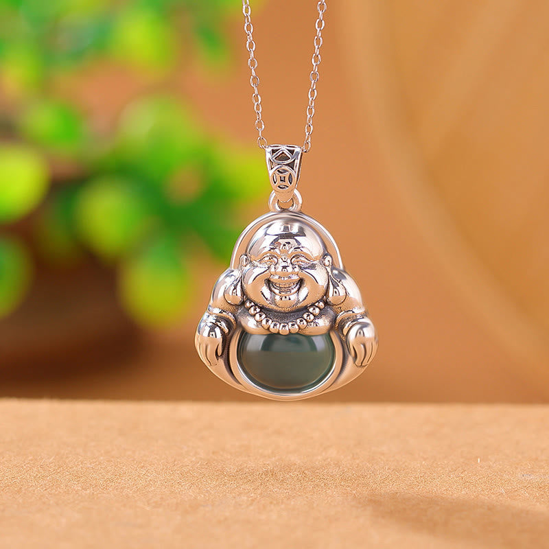 Collier Bouddha en Jade Cyan Naturel et Argent 999