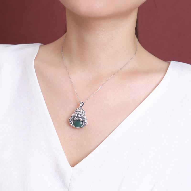 Collier Bouddha en Jade Cyan Naturel et Argent 999
