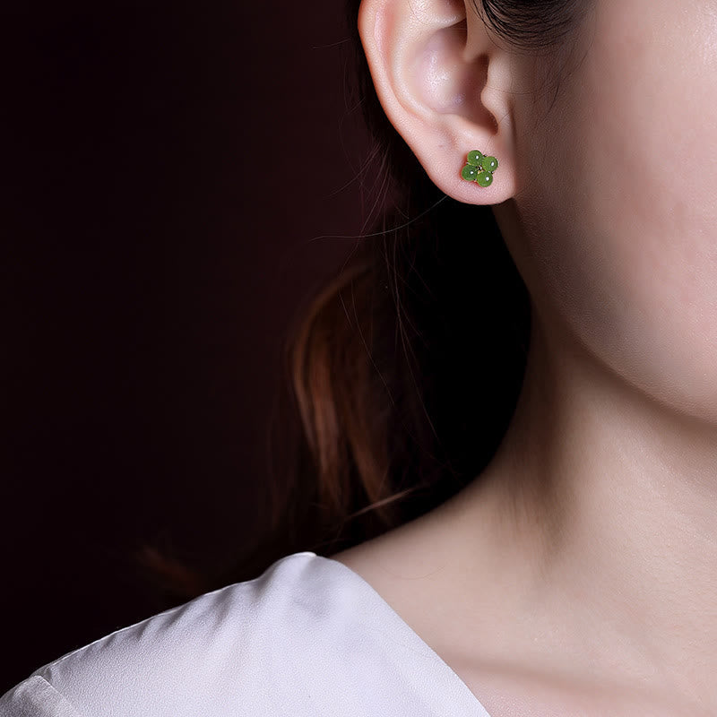 Boucles d’Oreilles Clous Trèfle à Quatre Feuilles en Jade Cyan – 8 mm