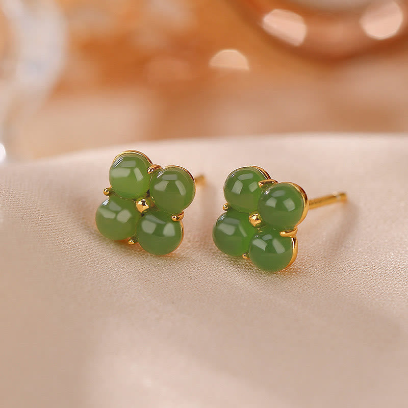 Boucles d’Oreilles Clous Trèfle à Quatre Feuilles en Jade Cyan – 8 mm