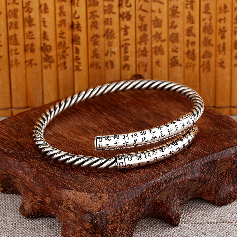 Bracelet en Cuivre Gravé Sutra du Cœur, Motif Torsadé Ajustable