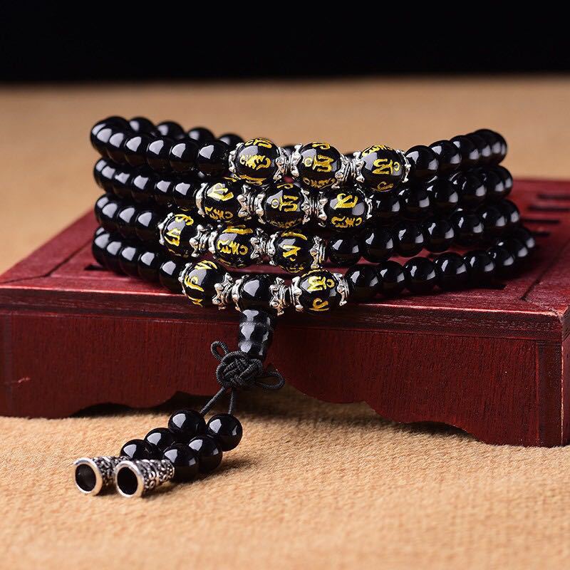 Bracelet Mala de Protection en Obsidienne Noire 6 mm – Six Mots Sacrés