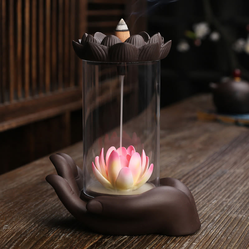 Porte-Encens Main de Bouddha Lotus Éveil en Argile Pourpre avec LED