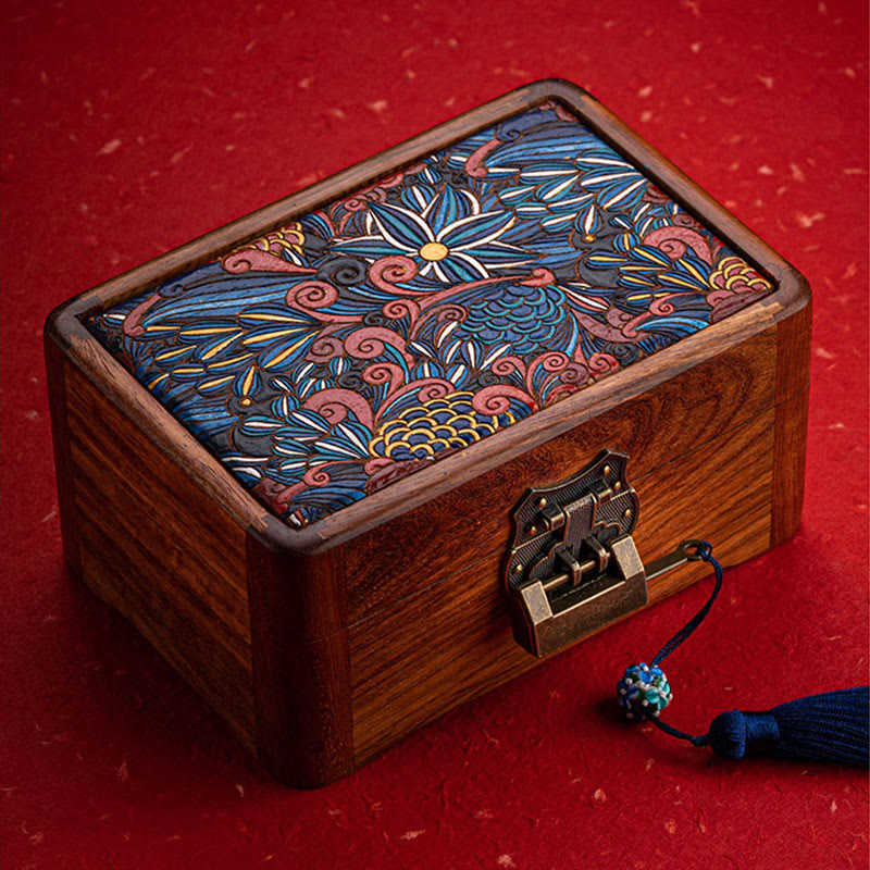 Boîte de rangement de bijoux en bois de rose à motif floral rétro faite à la main, boîte de rangement verrouillable en bois pour cadeaux