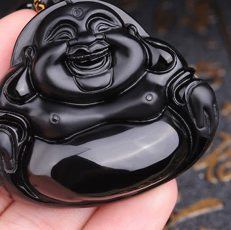 Pendentif Bouddha Rieur en Obsidienne Noire Naturelle
