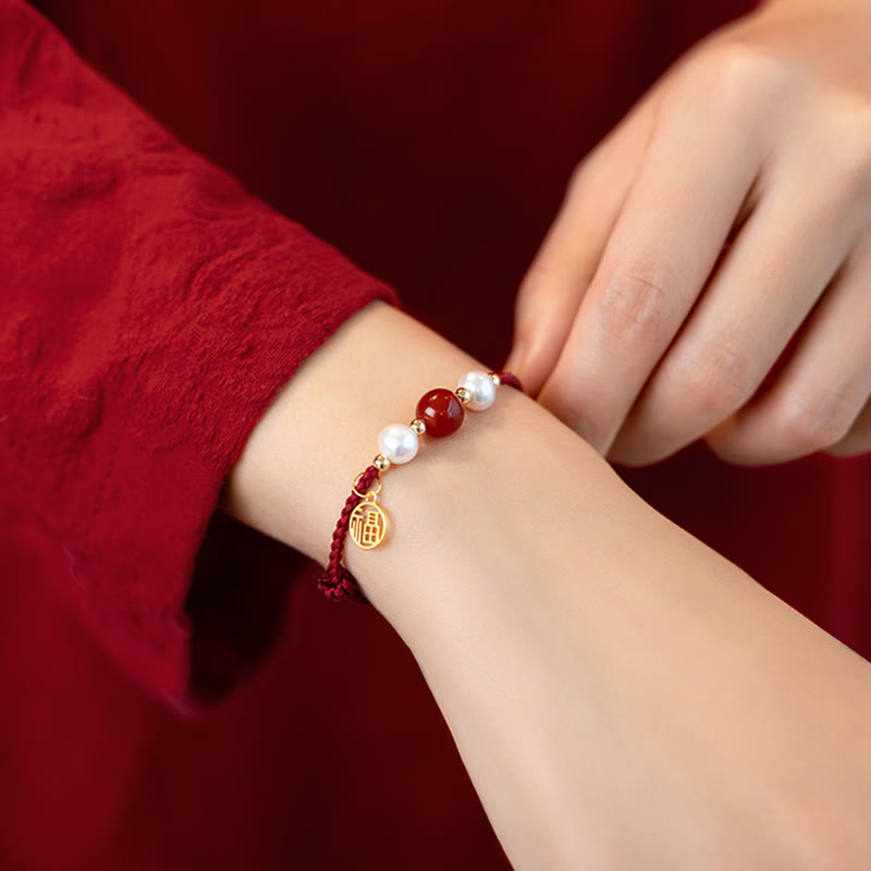 Bracelet Fil Rouge en Argent Sterling 925 avec Symbole Fu (福)