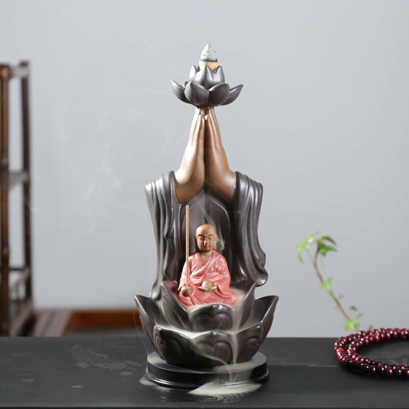 Brûleur d'encens à reflux en céramique Bouddha Avalokitesvara Chenrezig Ksitigarbha avec bénédiction du lotus