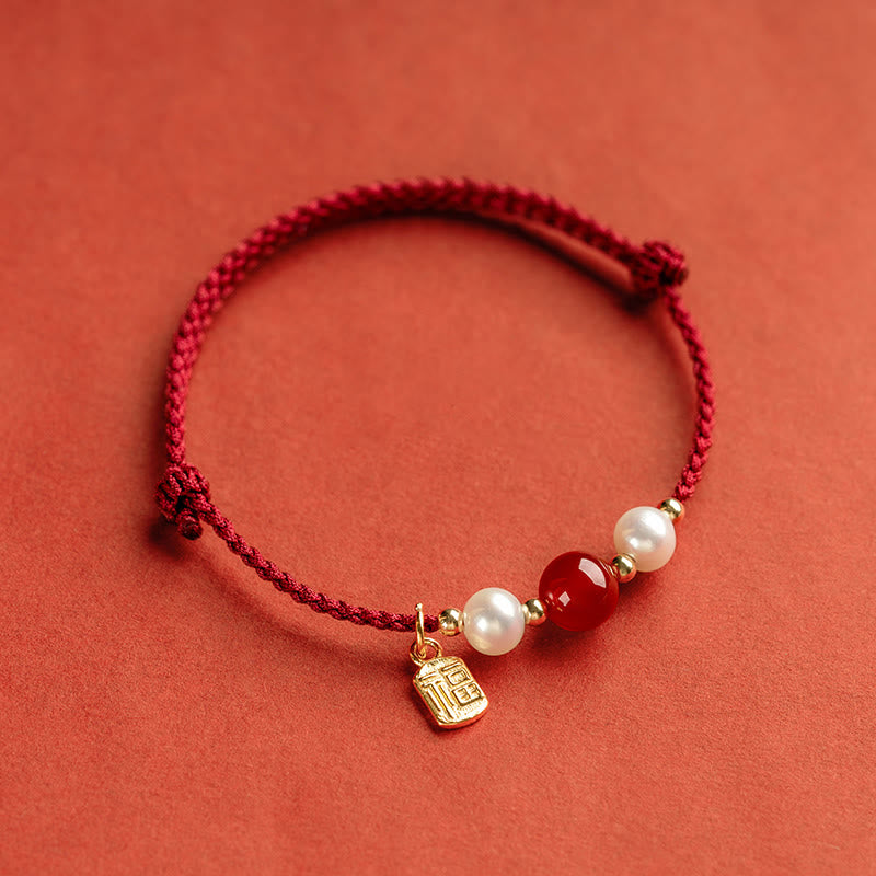 Bracelet Fil Rouge en Argent Sterling 925 avec Symbole Fu (福)