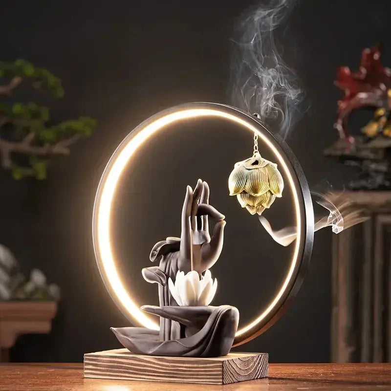 Satori Lumineux · Fontaine d’Encens LED Lotus & Mudrā
