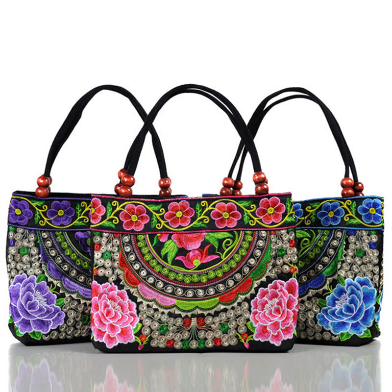 Sac à Main en Toile de Coton Brodé Recto Verso – Symboles d’Abondance