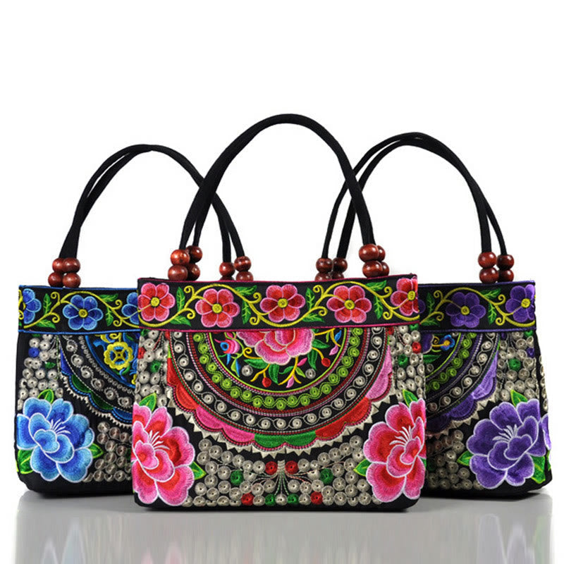 Sac à Main en Toile de Coton Brodé Recto Verso – Symboles d’Abondance