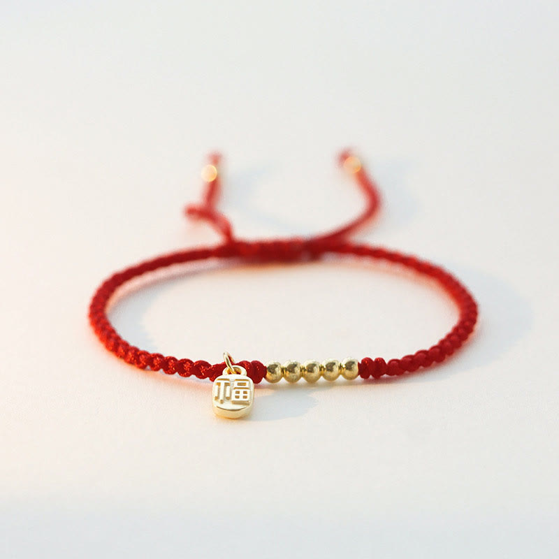 Bracelet Fil Rouge avec Symbole Fu (福) en Cuivre