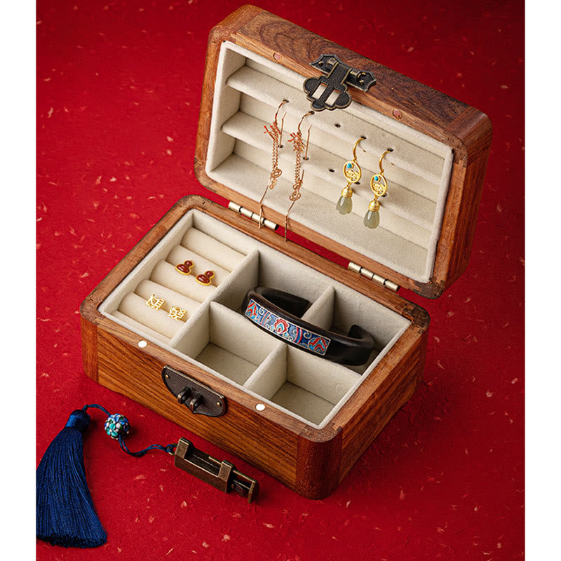 Boîte de rangement de bijoux en bois de rose à motif floral rétro faite à la main, boîte de rangement verrouillable en bois pour cadeaux