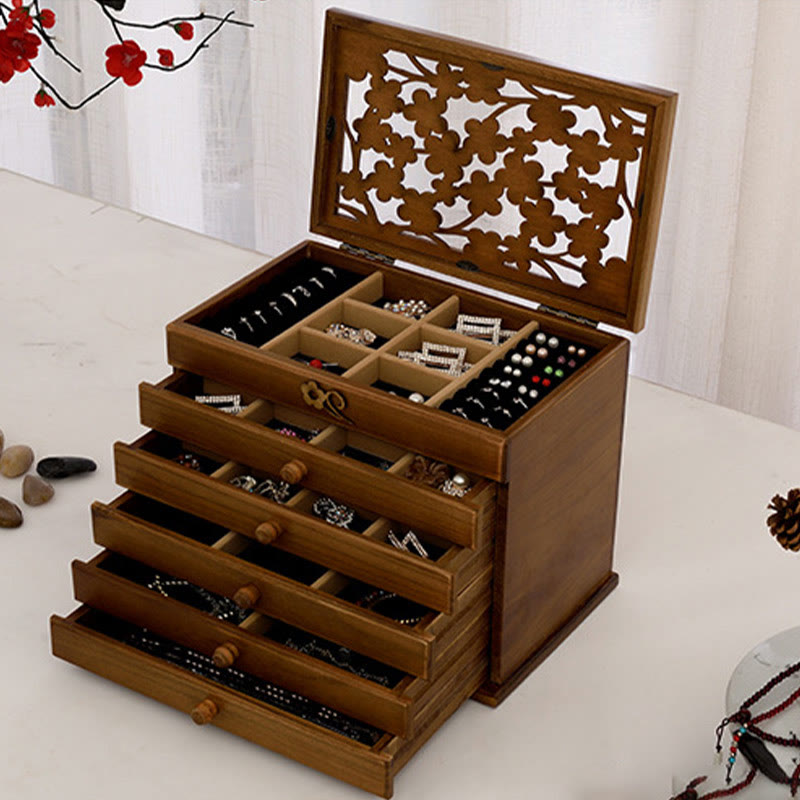 Boîte à bijoux en bois sculpté à six niveaux avec Buddha Stones et fleur de prunier vintage