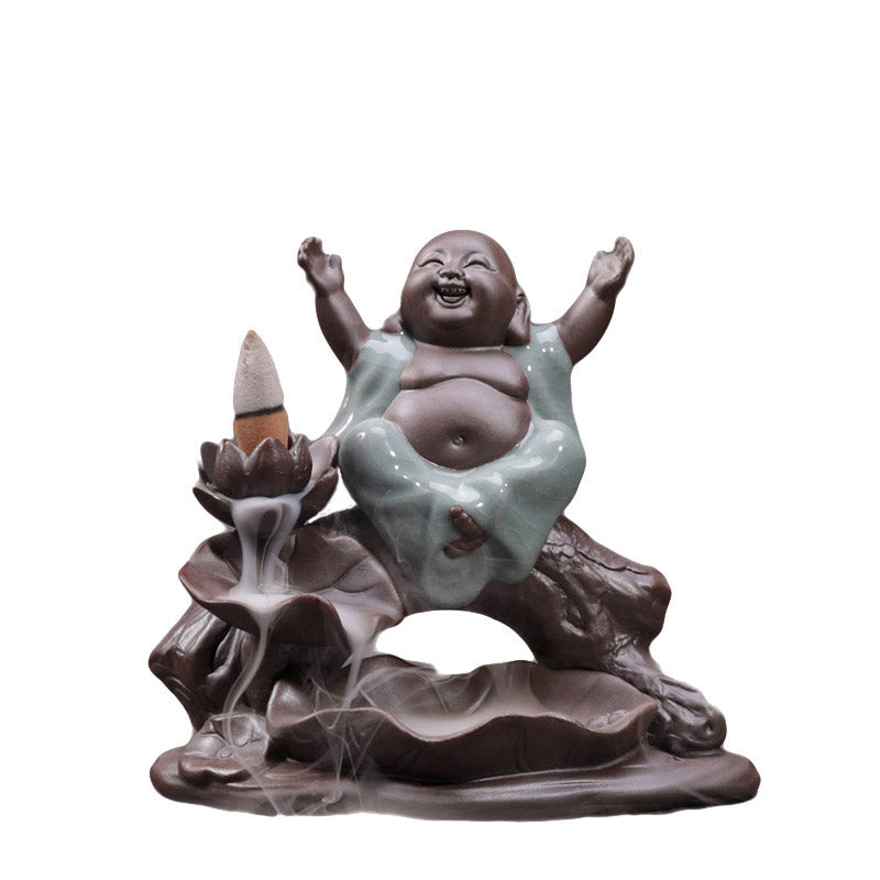 Brûleur d’Encens en Céramique Lotus & Petit Moine à Reflux