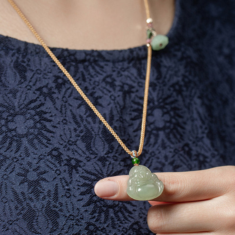 Collier Jade Lotus & Bouddha Rieur – 75 cm