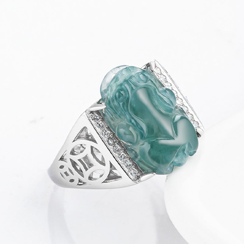 Bague Pixiu en Jade Naturel & Argent Sterling 925 – Talisman Symbolique de Prospérité