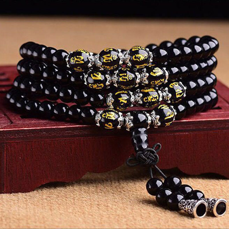 Bracelet Mala de Protection en Obsidienne Noire 6 mm – Six Mots Sacrés