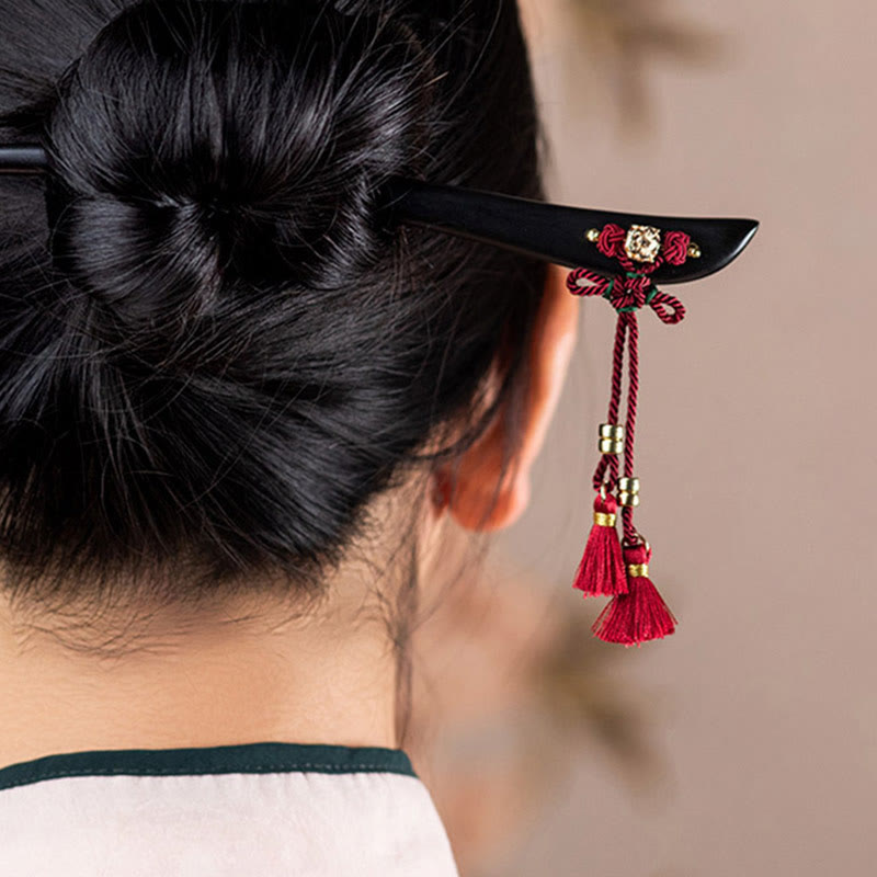 Pic à Cheveux Ébène & Pampille Rouge – 18 cm