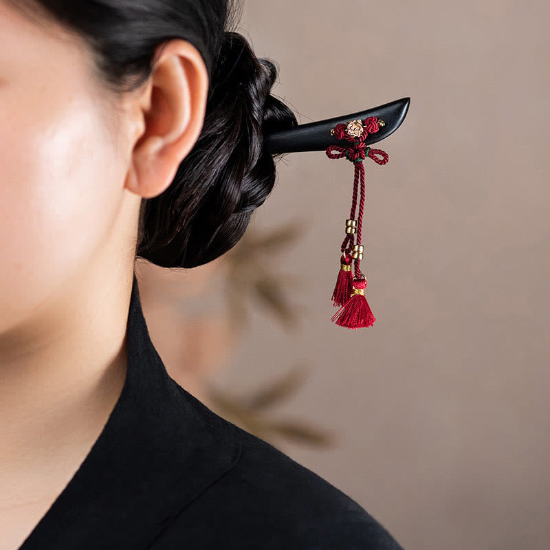 Pic à Cheveux Ébène & Pampille Rouge – 18 cm