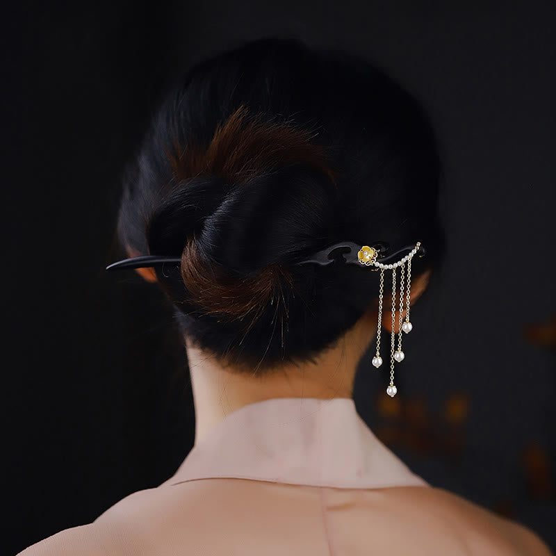 Pic à Cheveux Ébène & Perles Jaunes 18cm
