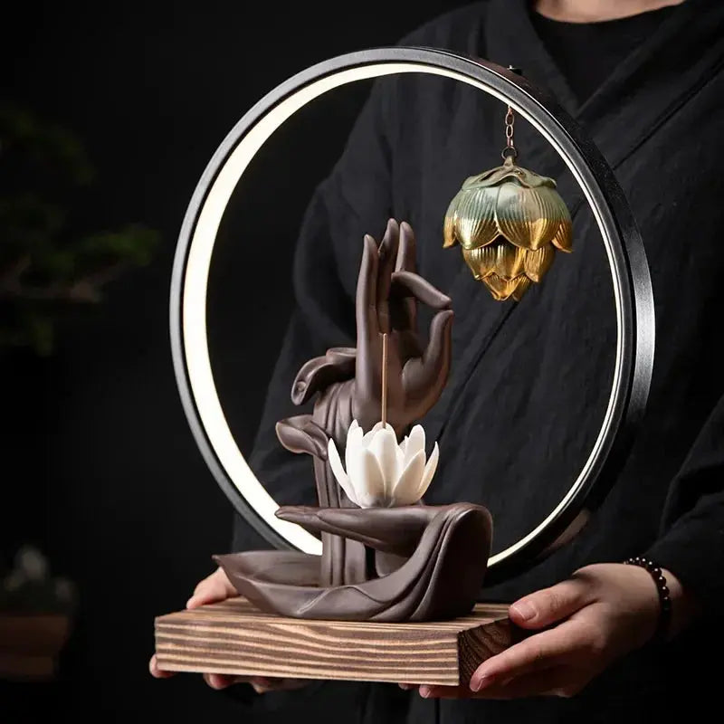 Satori Lumineux · Fontaine d’Encens LED Lotus & Mudrā