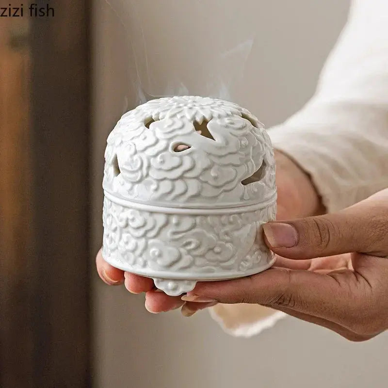 Brûleur d’Encens en Céramique Blanche, Nuages & Ambiance Zen