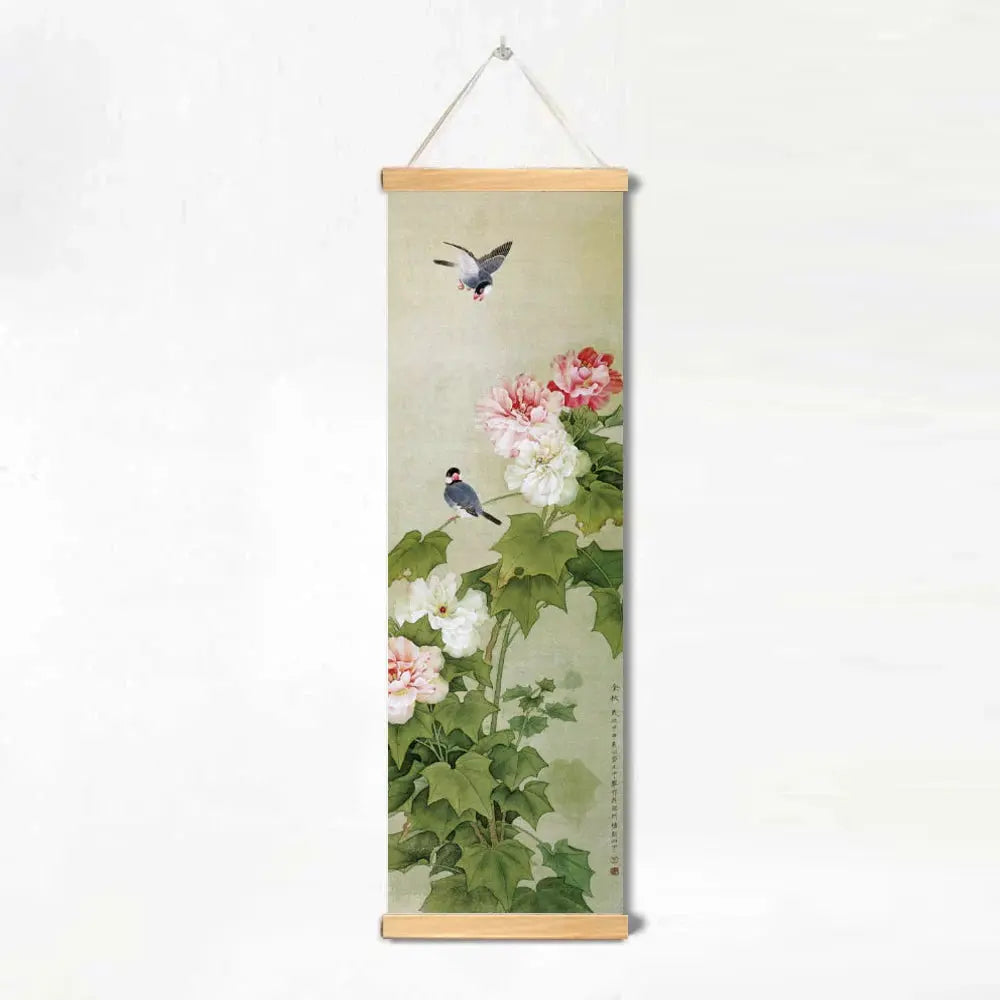 Décoration Murale Japonaise Zen aux Oiseaux et Fleurs (Kakemono)