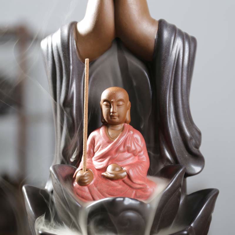 Brûleur d'encens à reflux en céramique Bouddha Avalokitesvara Chenrezig Ksitigarbha avec bénédiction du lotus