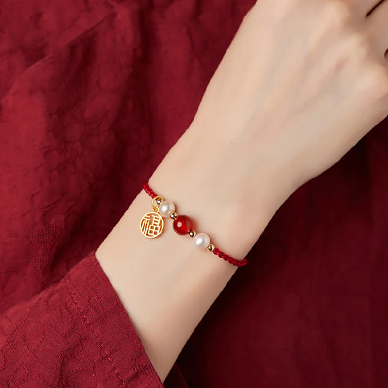 Bracelet Fil Rouge en Argent Sterling 925 avec Symbole Fu (福)