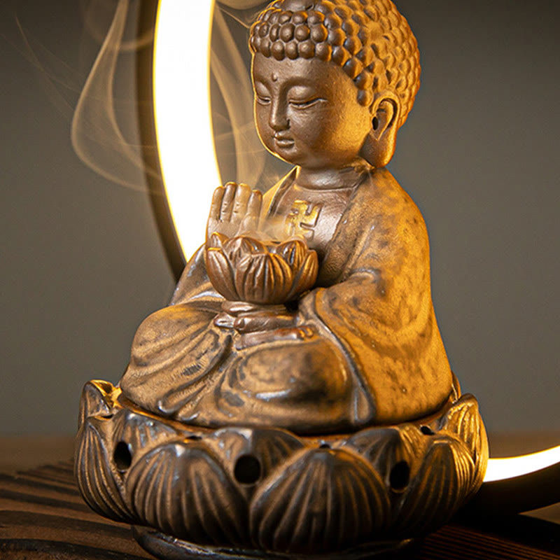 Brûleur d’Encens Reflux Bouddha Lotus en Céramique – Porte-Encens LED