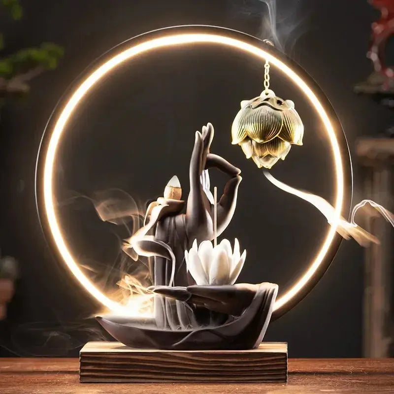 Satori Lumineux · Fontaine d’Encens LED Lotus & Mudrā