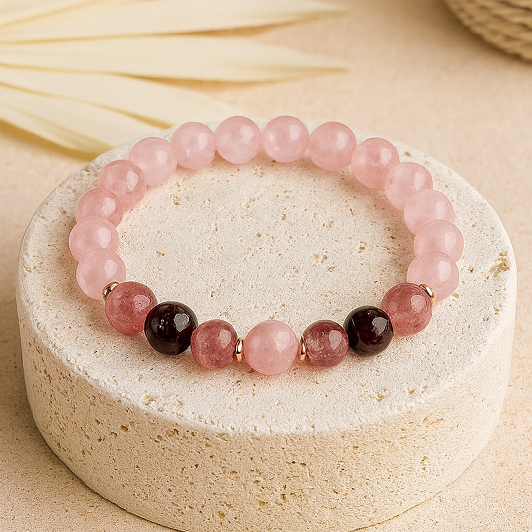 Bracelet Amour Infini en Quartz Rose, Grenat & Quartz Fraise