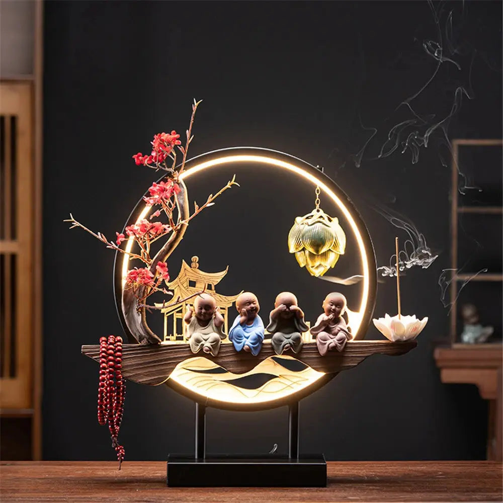Candeur Sacrée · Fontaine d’Encens LED Moines & Branche Fleurie