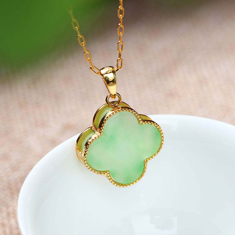 Collier Porte-Bonheur en Jade Naturel Trèfle à Quatre Feuilles