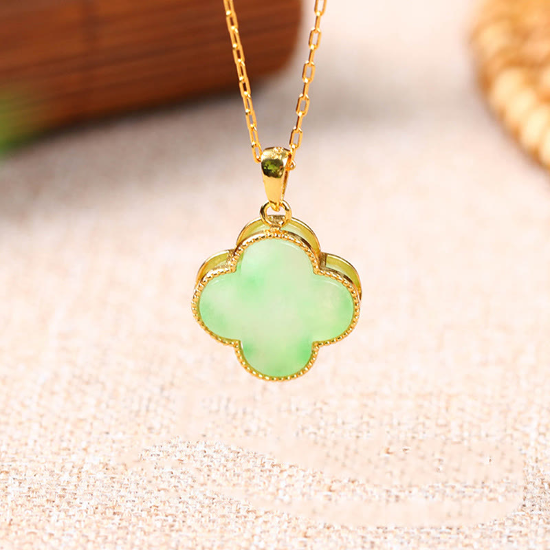 Collier Porte-Bonheur en Jade Naturel Trèfle à Quatre Feuilles