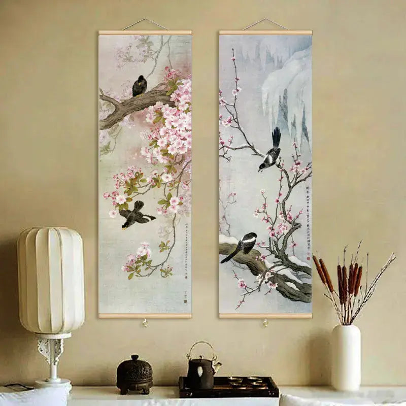 Décoration Murale Japonaise Zen aux Oiseaux et Fleurs (Kakemono)