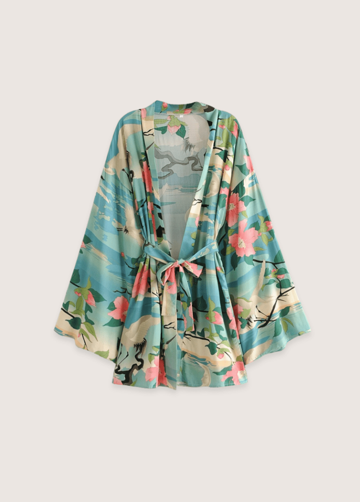 Kimono court femme motif grue vert – Évasion Tropicale
