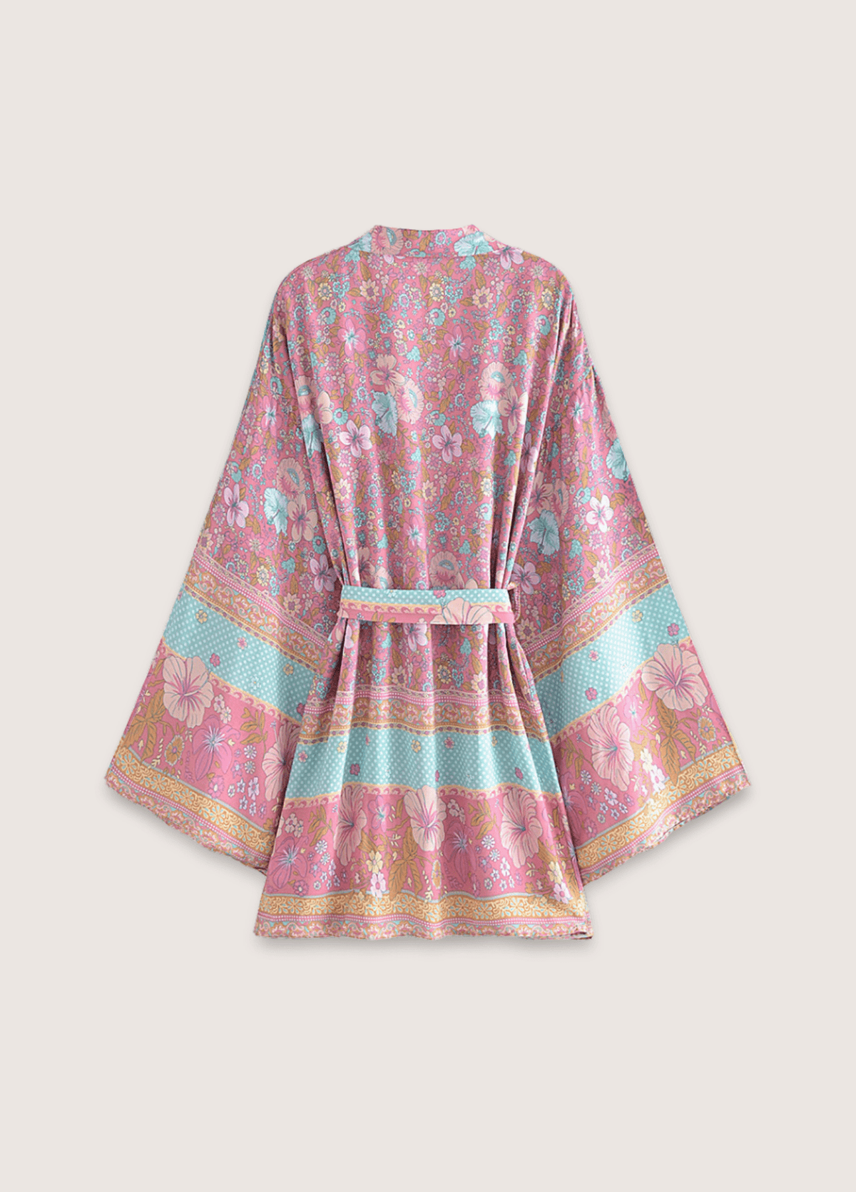 Kimono court femme coton floral rose