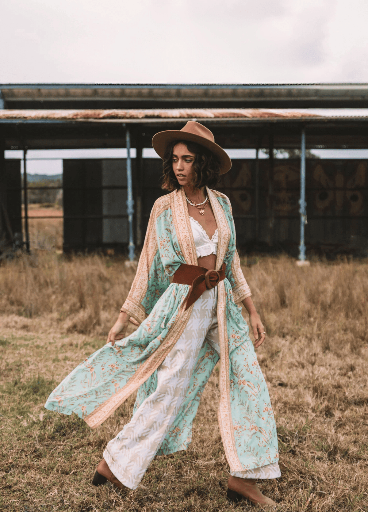 Kimono long femme motif pivoine bleu – Daisy Bohème