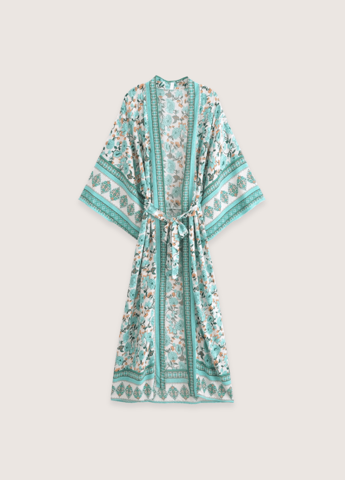 Kimono long femme viscose motif pivoine vert menthe – Calanque Bleue