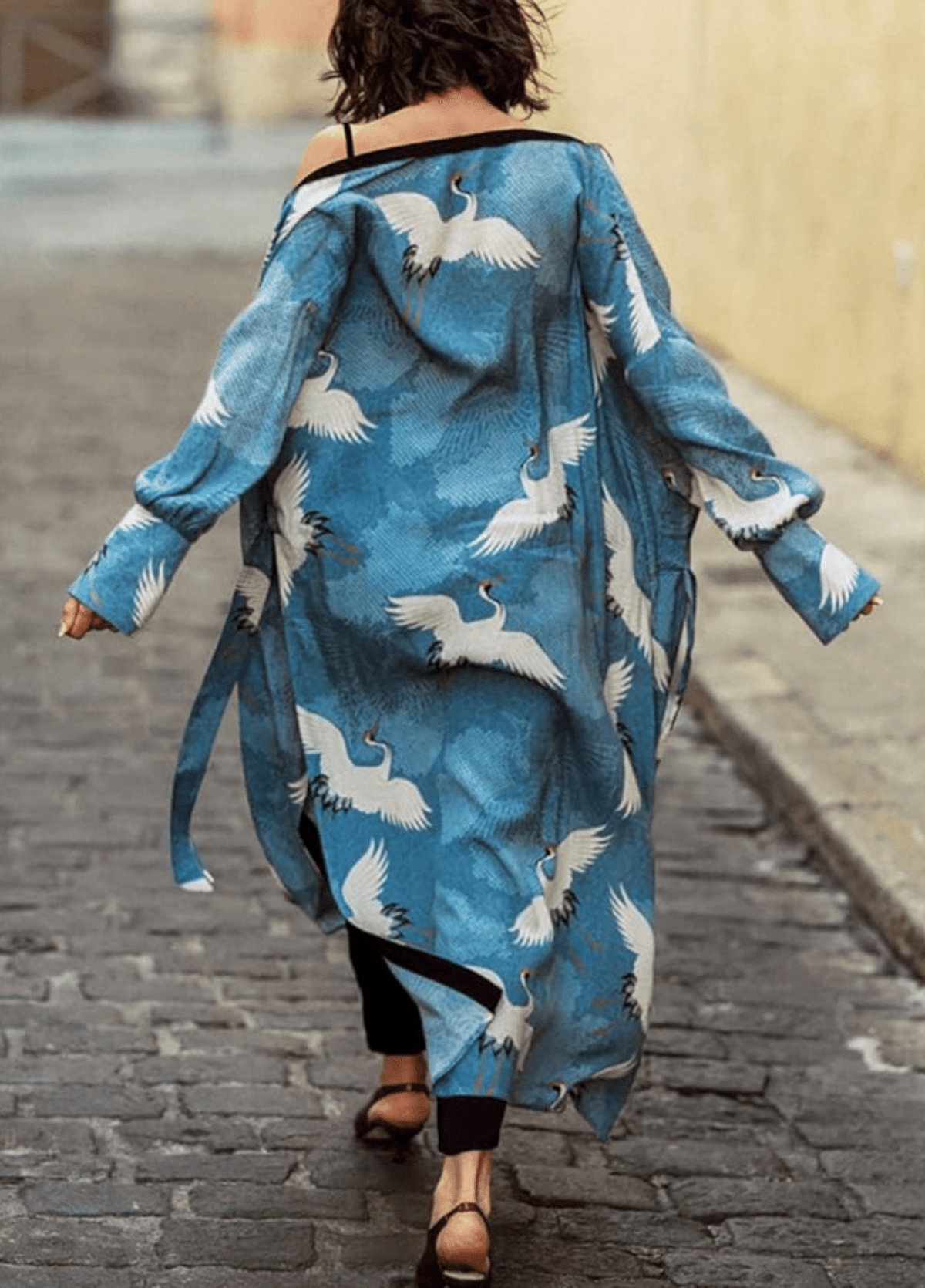 Kimono long femme viscose motif grue bleu – Grues Célestes