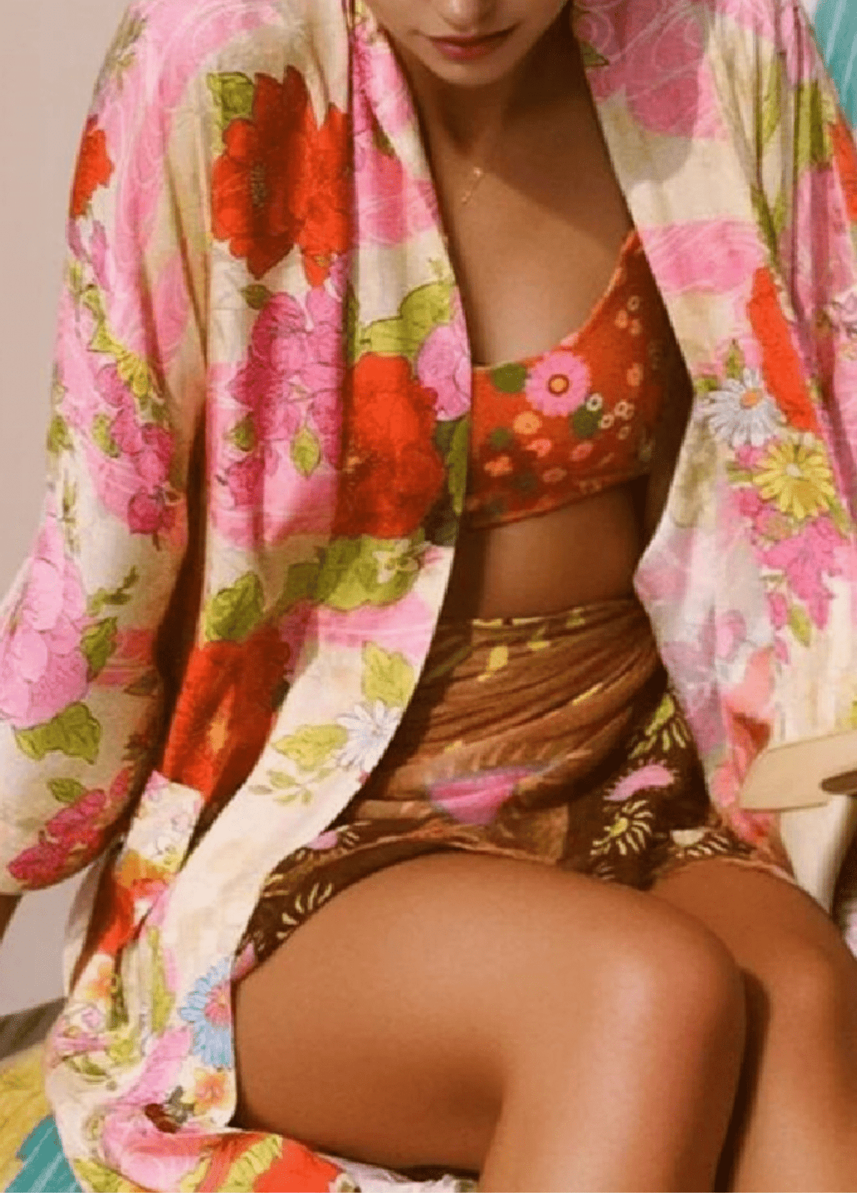 Kimono long femme viscose motif chrysanthème rose – Pivoine