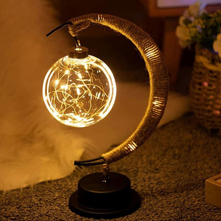 Lampe Lune en Corde de Chanvre – Ambiance Naturelle & Luminance Douce