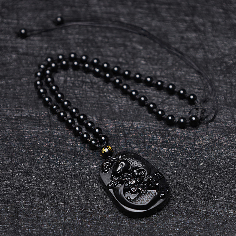 Collier Lotus & Carpe Koï en Obsidienne Noire Naturelle