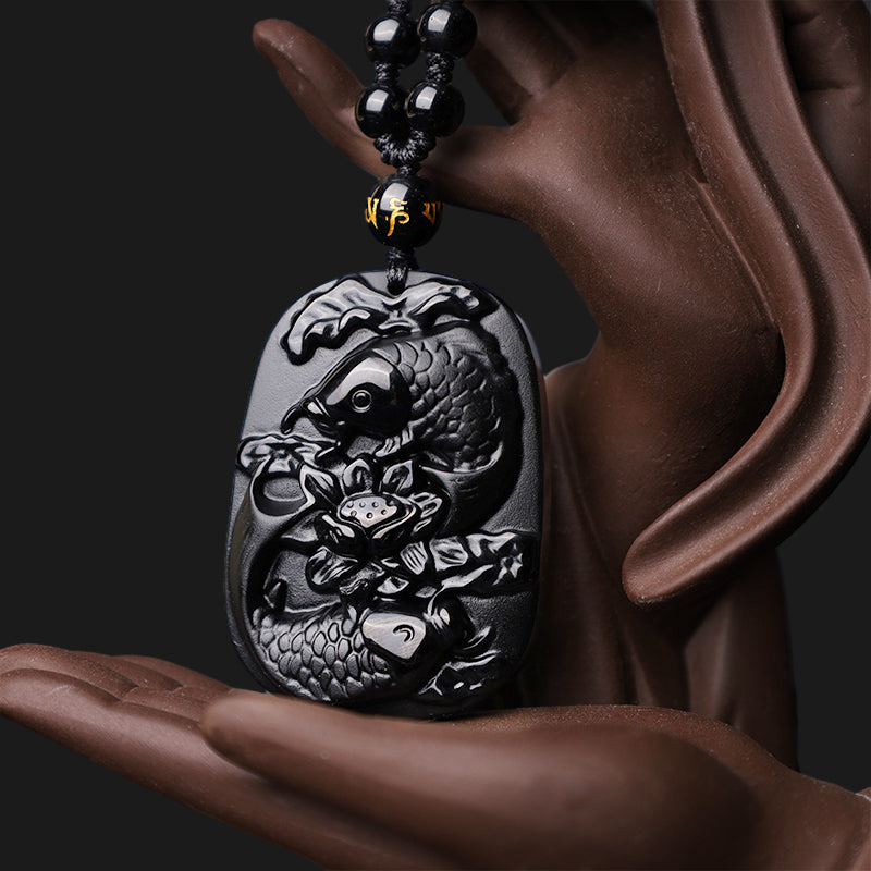 Collier Lotus & Carpe Koï en Obsidienne Noire Naturelle