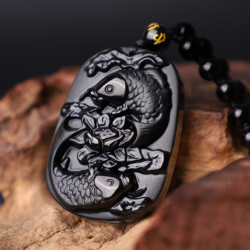 Collier Lotus & Carpe Koï en Obsidienne Noire Naturelle