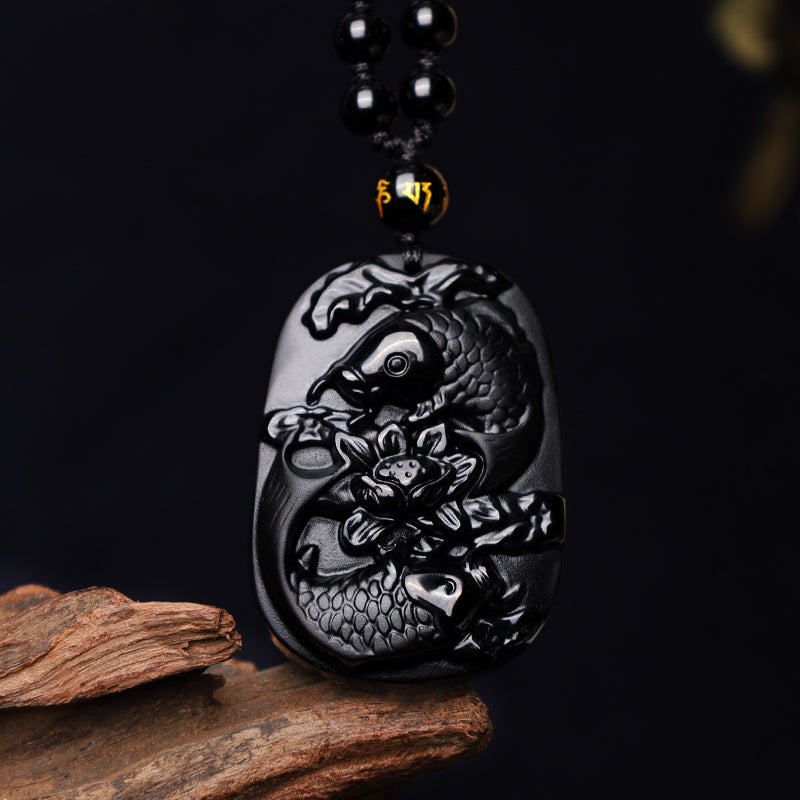 Collier Lotus & Carpe Koï en Obsidienne Noire Naturelle